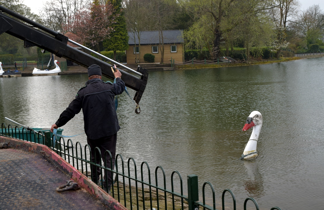 Extracting a sunken pedal boat at Saltwell Park in Gateshead